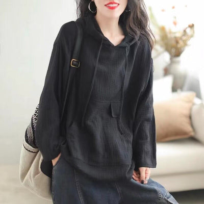 Women Autumn Minimalist Solid Loose Ccotton Hoodie Sep 2023 New Arrival Black One Size 