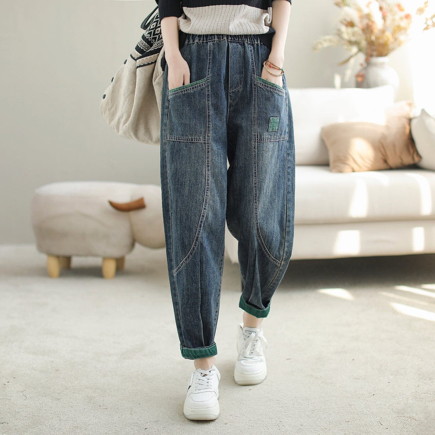 Women Autumn Patchwork Casual Loose Jeans