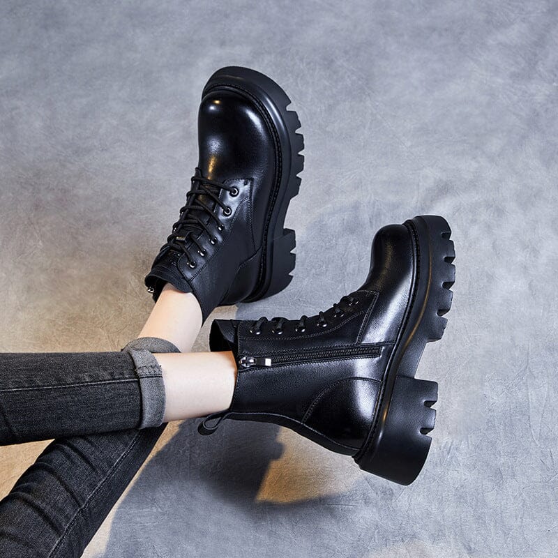 Women Autumn Retro Classic Leather Platform Boots