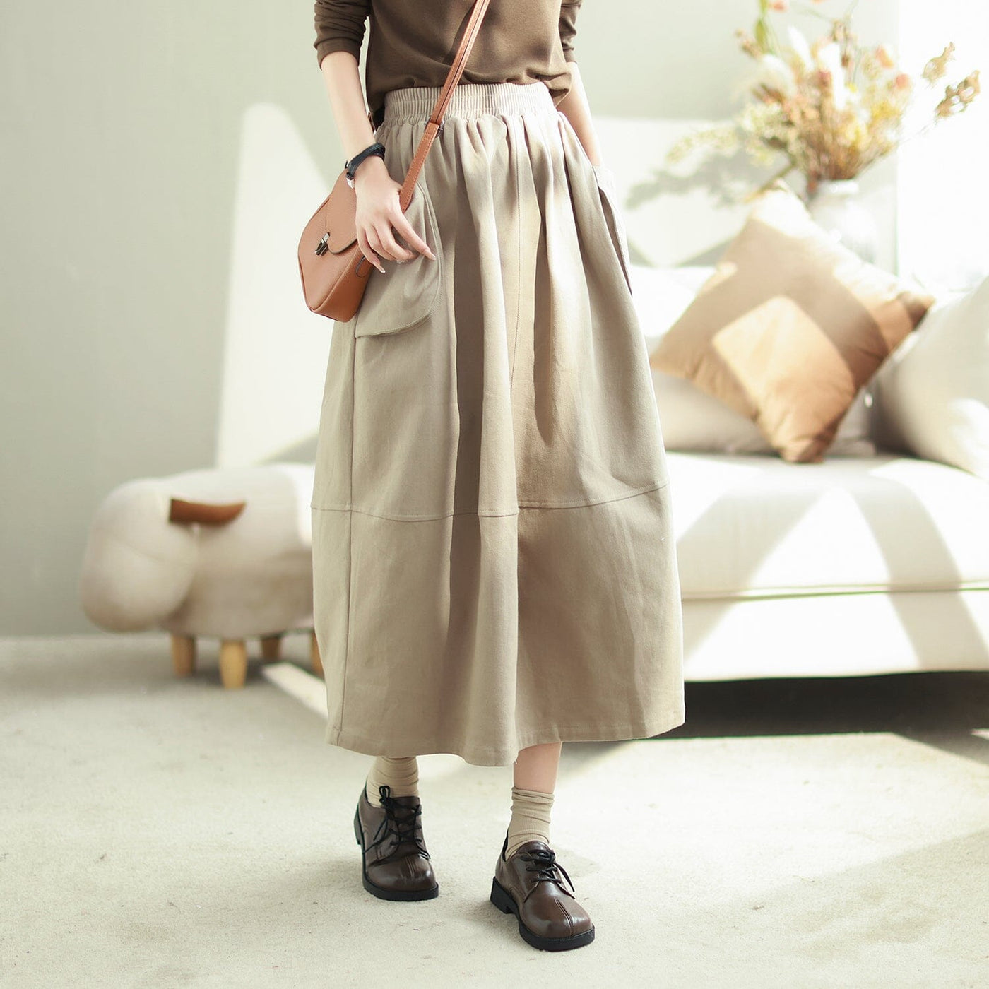 Women Autumn Retro Cotton Loose Casual Skirt