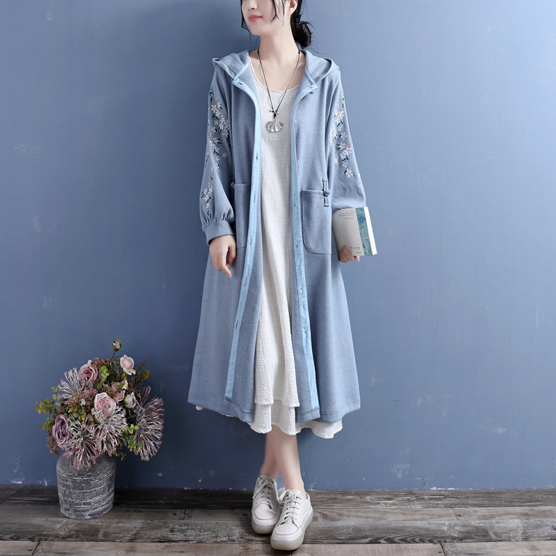 Women Autumn Retro Embroidery Cotton Knitted Overcoat Oct 2022 New Arrival One Size Blue 