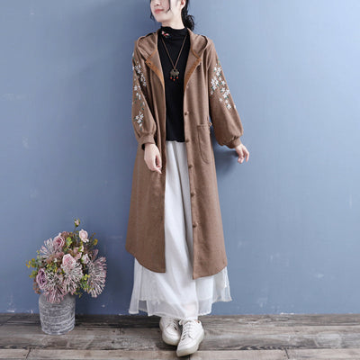 Women Autumn Retro Embroidery Cotton Knitted Overcoat Oct 2022 New Arrival One Size Coffee 