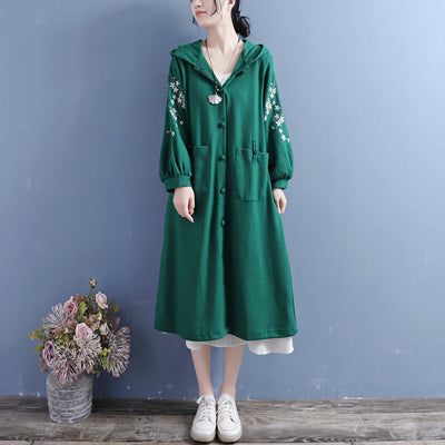 Women Autumn Retro Embroidery Cotton Knitted Overcoat Oct 2022 New Arrival One Size Dark Green 