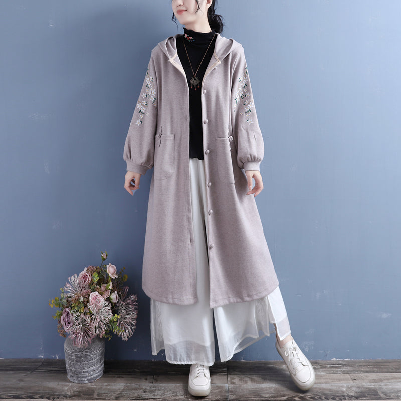 Women Autumn Retro Embroidery Cotton Knitted Overcoat Oct 2022 New Arrival One Size Khakiq 