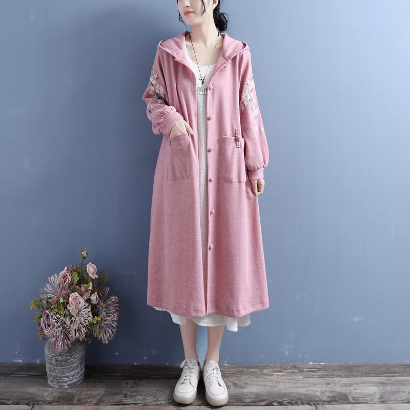 Women Autumn Retro Embroidery Cotton Knitted Overcoat Oct 2022 New Arrival One Size Pink 