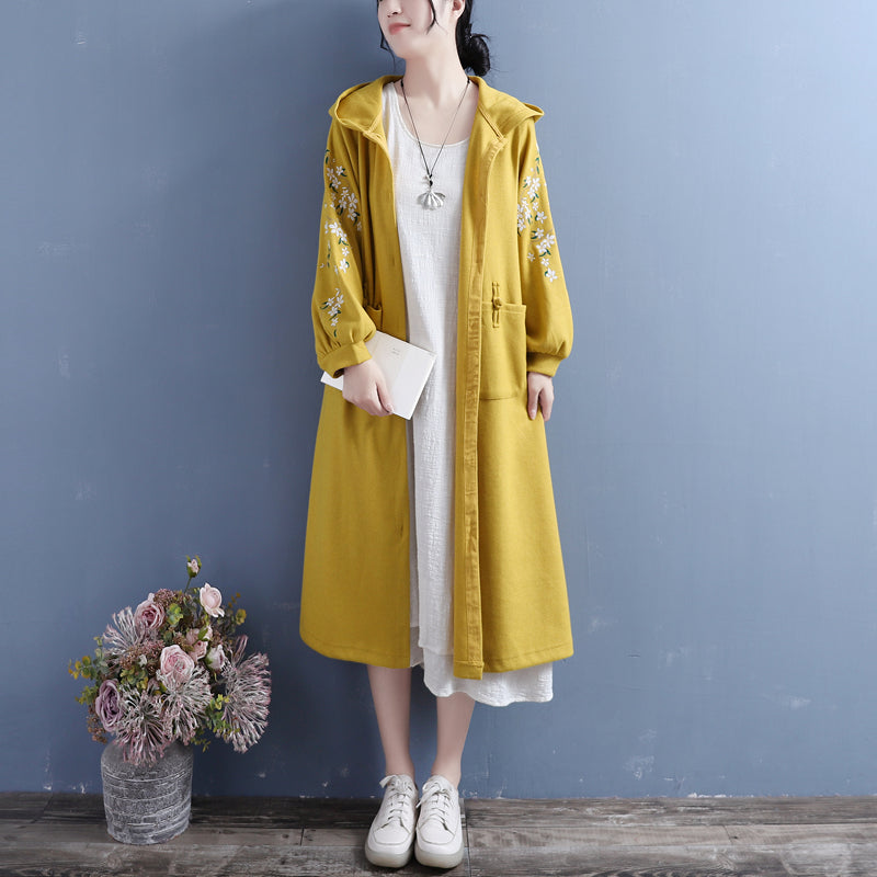 Women Autumn Retro Embroidery Cotton Knitted Overcoat Oct 2022 New Arrival One Size Yellow 