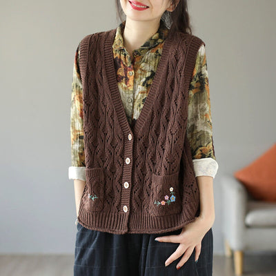 Women Autumn Retro Embroidery Hollow Knitted Waistcoat Nov 2022 New Arrival One Size Coffee 
