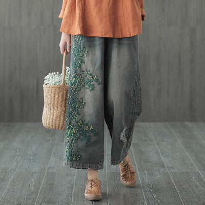 Women Autumn Retro Embroidery Loose Wide Leg Jeans Nov 2022 New Arrival Blue One Size 