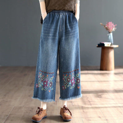 Women Autumn Retro Embroidery Wide Leg Jeans