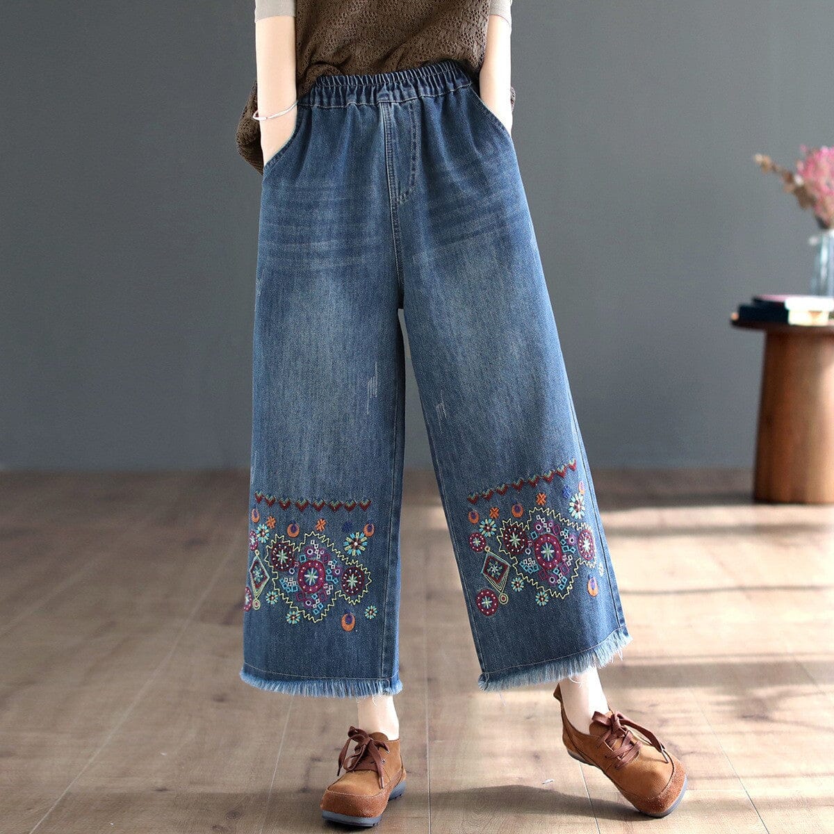Women Autumn Retro Embroidery Wide Leg Jeans Jul 2023 New Arrival Blue L 