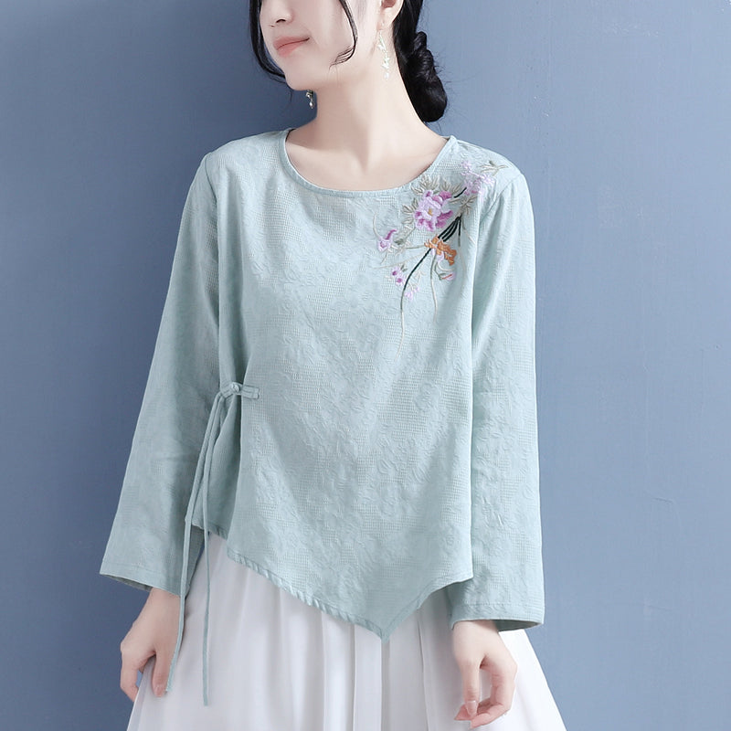 Women Autumn Retro Flower Embroidery T-Shirt Aug 2022 New Arrival One Size Green 