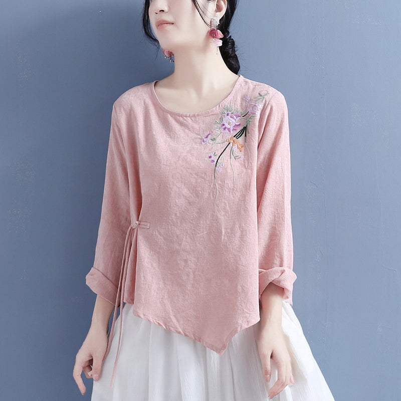 Women Autumn Retro Flower Embroidery T-Shirt Aug 2022 New Arrival One Size Pink 