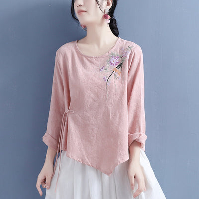 Women Autumn Retro Flower Embroidery T-Shirt Aug 2022 New Arrival One Size Pink 