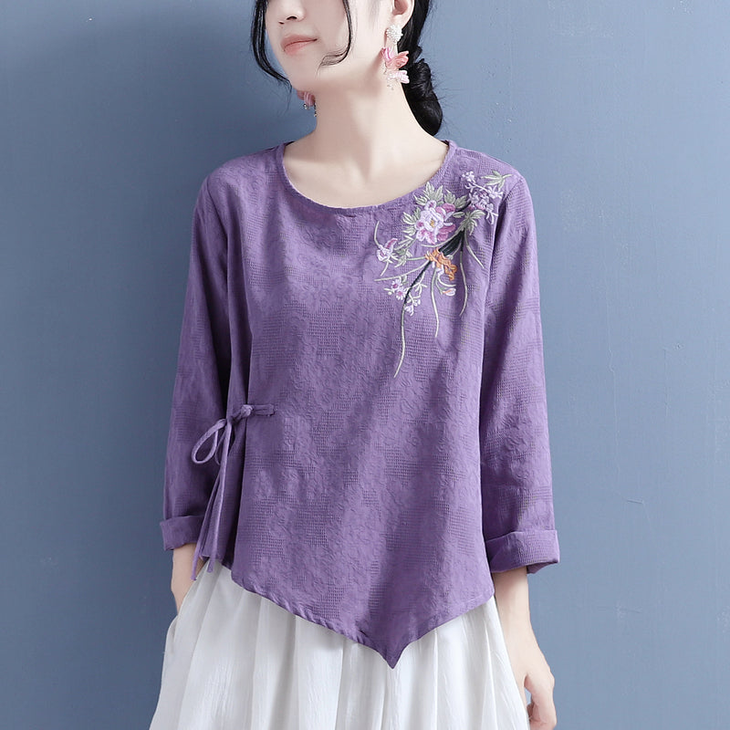 Women Autumn Retro Flower Embroidery T-Shirt Aug 2022 New Arrival One Size Purple 