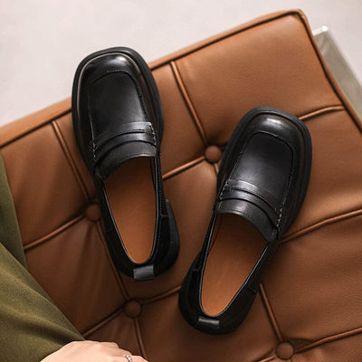 Women Autumn Retro Leather Chunky Lug Sole Loafers