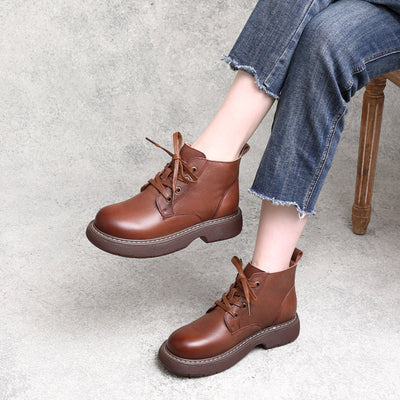 Women Autumn Retro Leather Flat Ankle Boots
