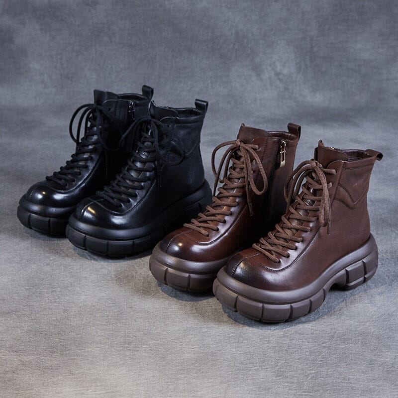 Women Autumn Retro Leather Platform Boots Aug 2023 New Arrival 