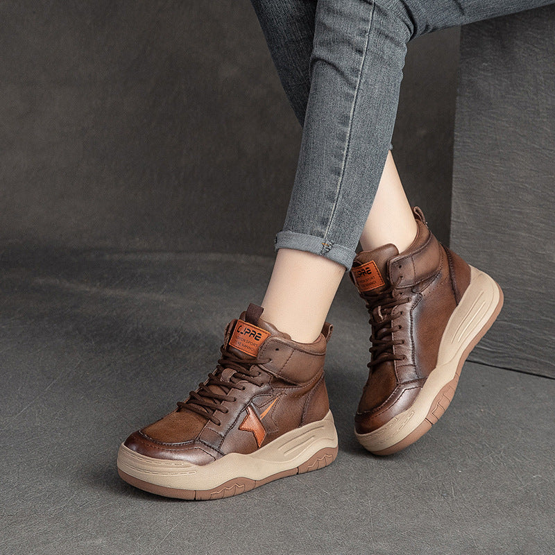 Women Autumn Retro Leather Thick Sole Platform Boots
