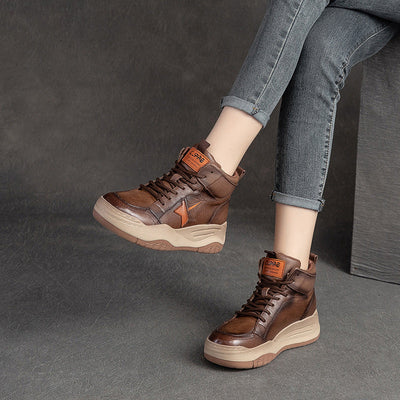 Women Autumn Retro Leather Thick Sole Platform Boots