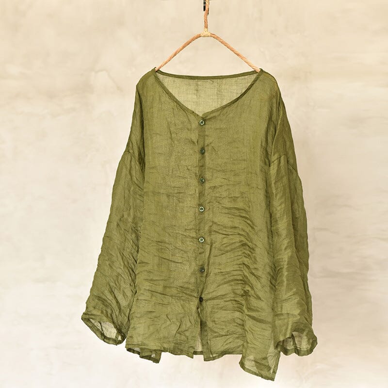 Women Autumn Retro Linen Pleated Blouse Aug 2023 New Arrival Dark Green One Size 