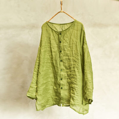 Women Autumn Retro Linen Pleated Blouse Aug 2023 New Arrival Green One Size 