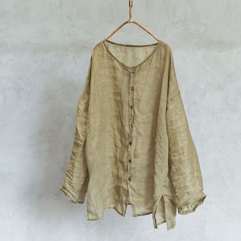 Women Autumn Retro Linen Pleated Blouse Aug 2023 New Arrival Khaki One Size 