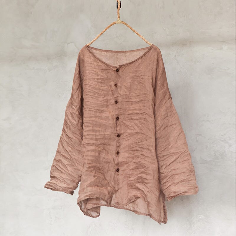 Women Autumn Retro Linen Pleated Blouse Aug 2023 New Arrival Pink One Size 