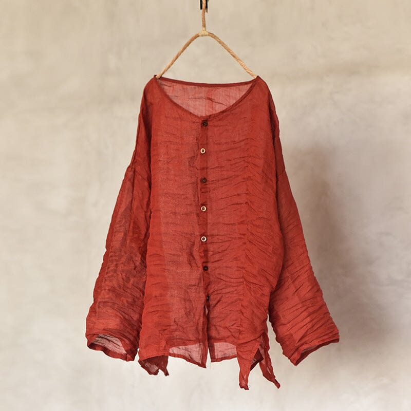 Women Autumn Retro Linen Pleated Blouse Aug 2023 New Arrival Red One Size 