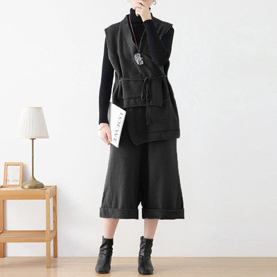 Women Autumn Retro Loose Knitted Vest & Pants Set Oct 2022 New Arrival One Size Black 