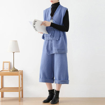 Women Autumn Retro Loose Knitted Vest & Pants Set Oct 2022 New Arrival One Size Blue 