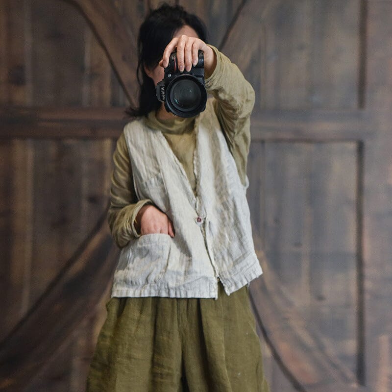 Women Autumn Retro Loose Linen Vest