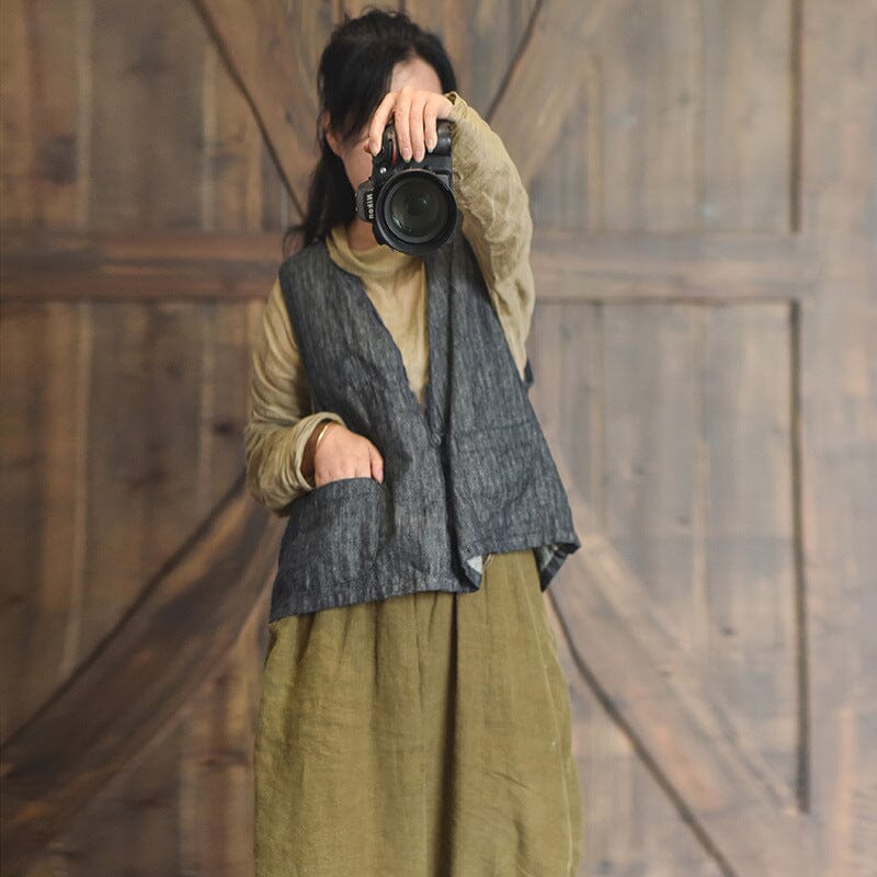 Women Autumn Retro Loose Linen Vest