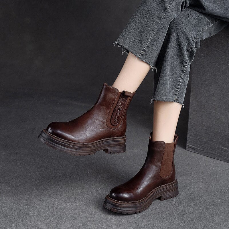 Women Autumn Retro Minimalist Leather Thick Soled Boots