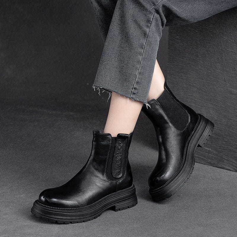 Women Autumn Retro Minimalist Leather Thick Soled Boots