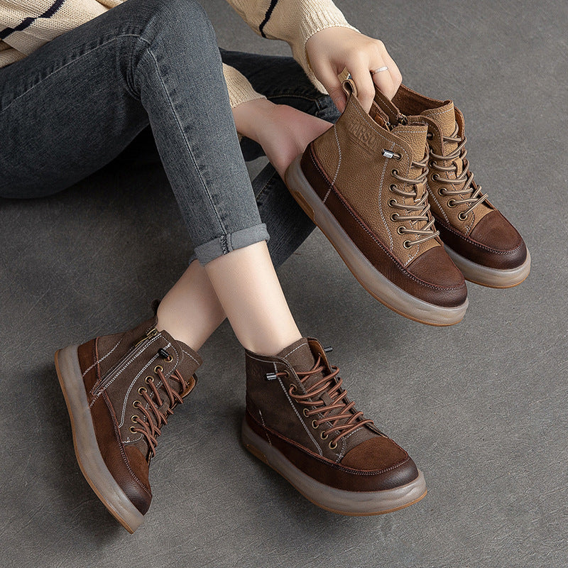 Women Autumn Retro Patchwork Leather Ankle Boots Oct 2022 New Arrival 