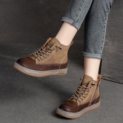 Women Autumn Retro Patchwork Leather Ankle Boots Oct 2022 New Arrival 