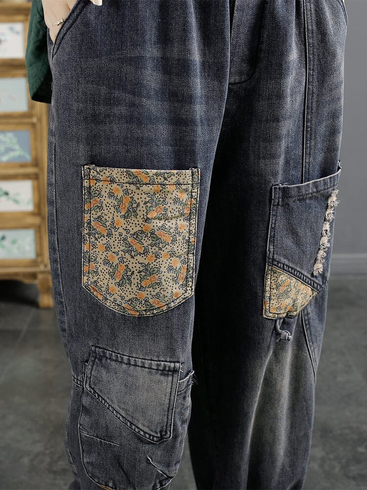 Women Autumn Retro Patchwork Loose Cotton Jeans