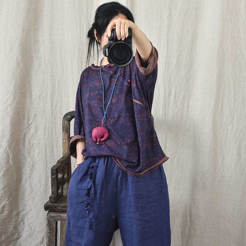 Women Autumn Retro Print Linen Knitted Blouse