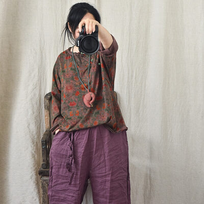 Women Autumn Retro Print Linen Knitted Blouse