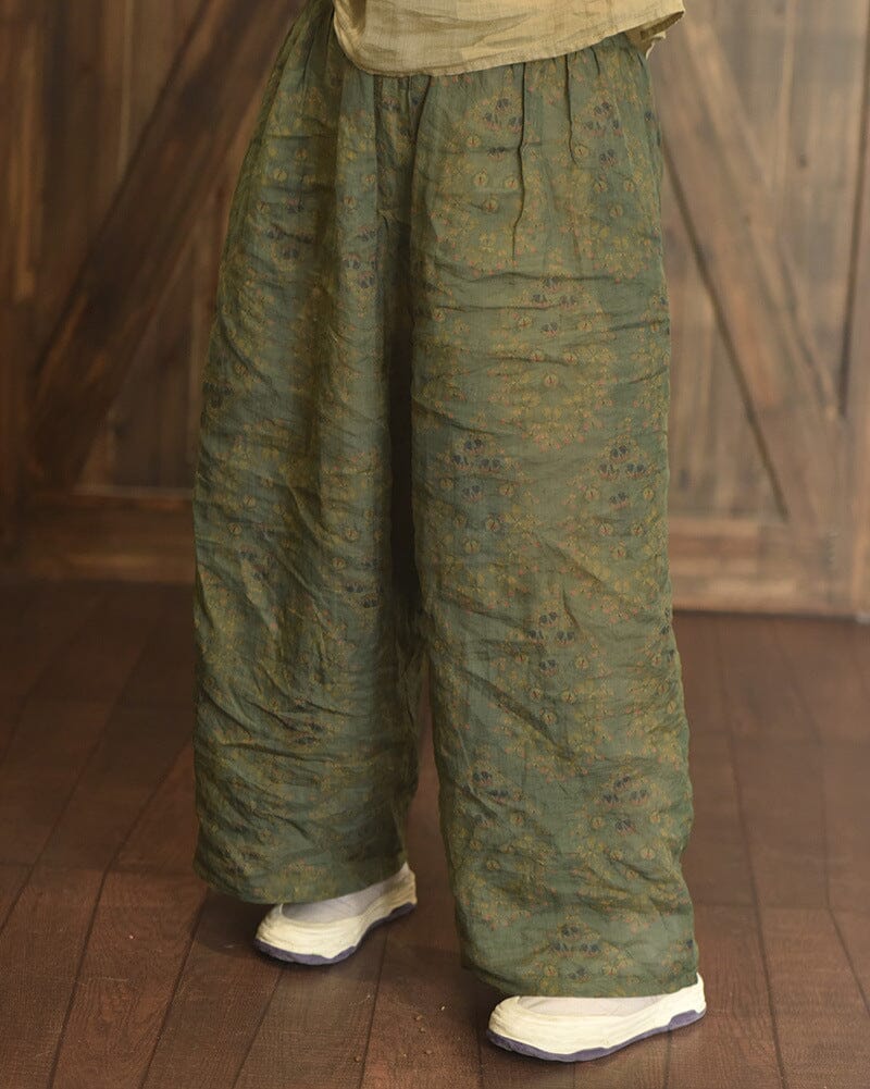 Women Autumn Retro Print Pleated Linen Pants Aug 2023 New Arrival 