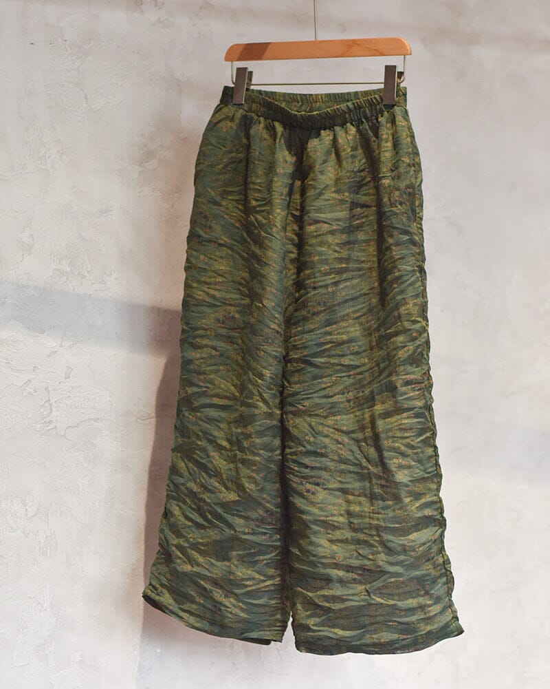 Women Autumn Retro Print Pleated Linen Pants Aug 2023 New Arrival Green One Size 