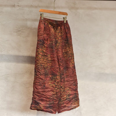 Women Autumn Retro Print Pleated Linen Pants Aug 2023 New Arrival Red One Size 
