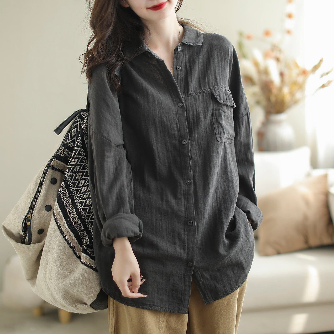 Women Autumn Retro Solid Cotton Loose Blouse Sep 2023 New Arrival One Size Gray 