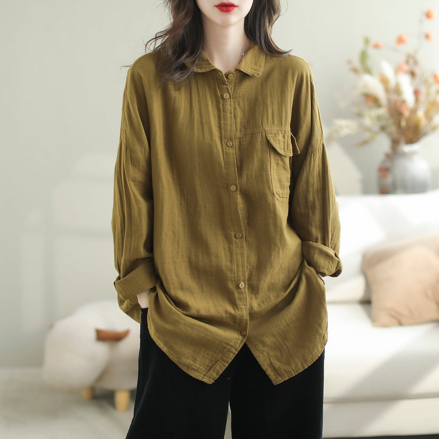 Women Autumn Retro Solid Cotton Loose Blouse Sep 2023 New Arrival One Size Yellow 