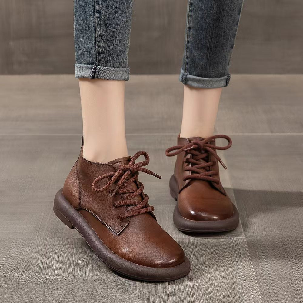 Women Autumn Retro Solid Leather Ankle Boots