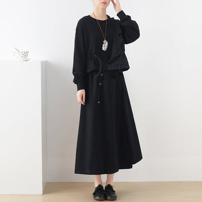 Women Autumn Solid Black Cotton A-Line Skirt