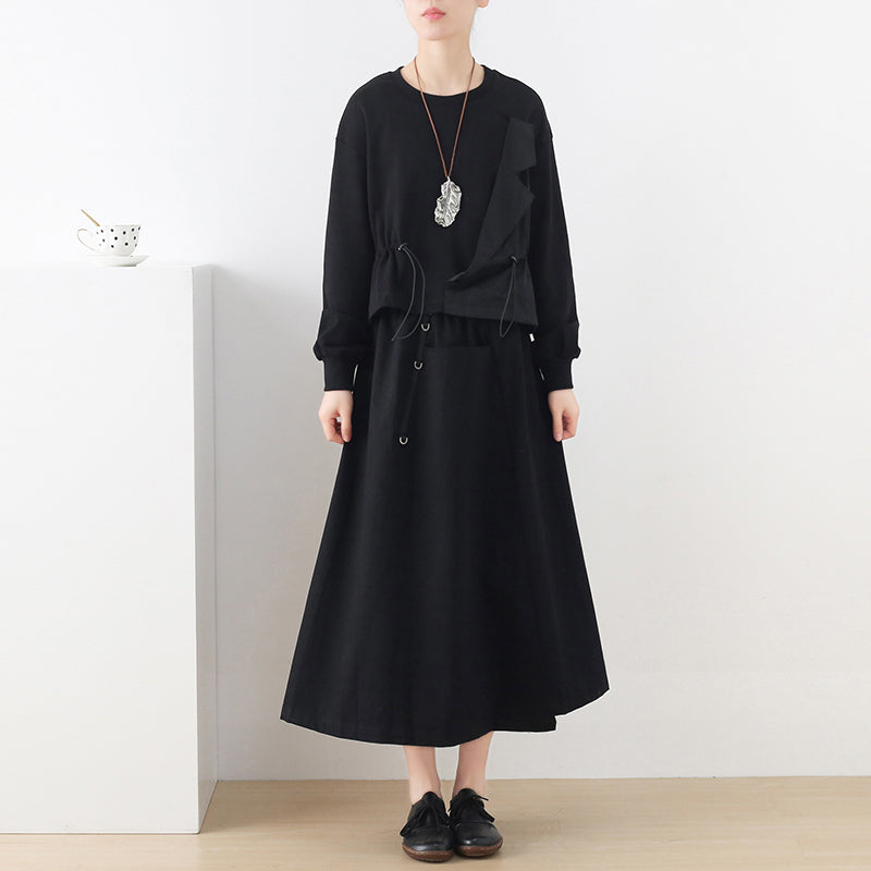 Women Autumn Solid Black Cotton A-Line Skirt