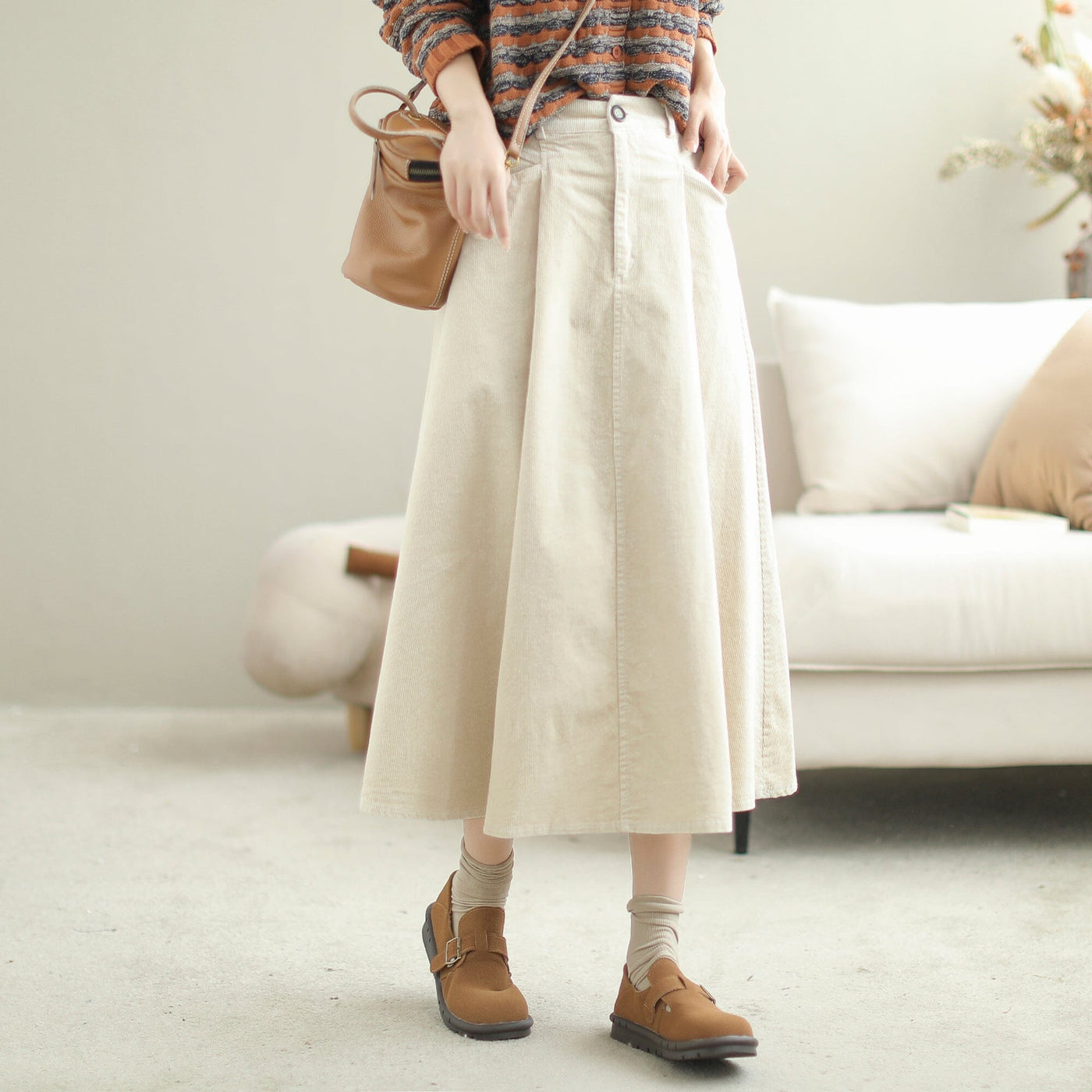 Women Autumn Solid Corduroy Casual A-Line Skirt