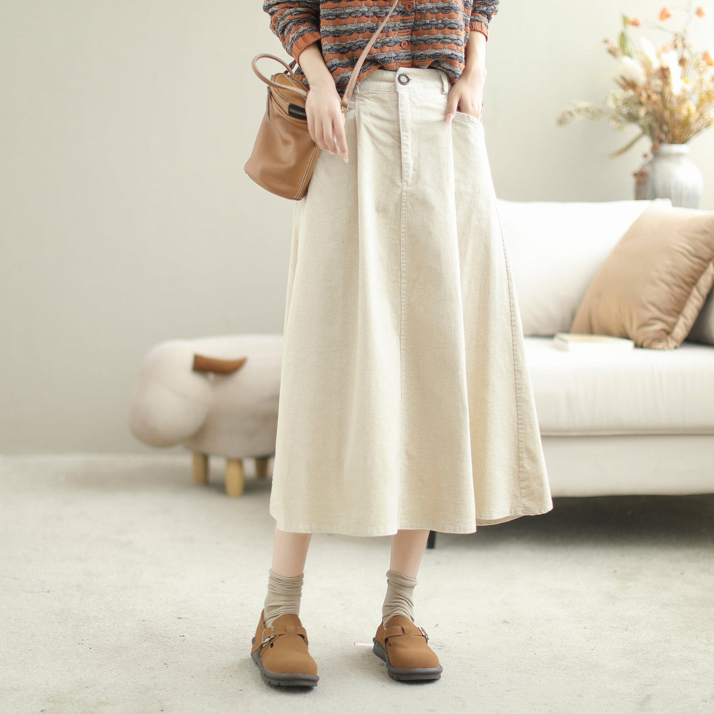 Women Autumn Solid Corduroy Casual A-Line Skirt