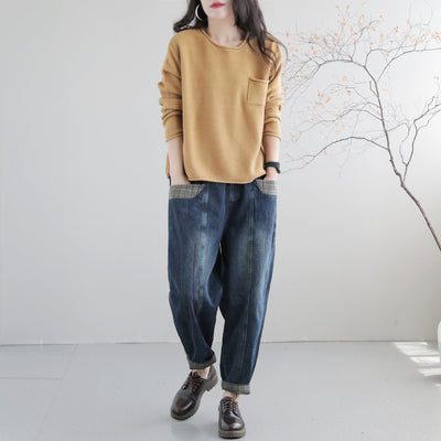 Women Autumn Solid Retro Cotton Knitted Sweater